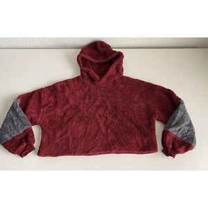 Hello Miss Papaya Cropped Sherpa Hoodie Women’s Sz M Burgundy Grey Crop Top